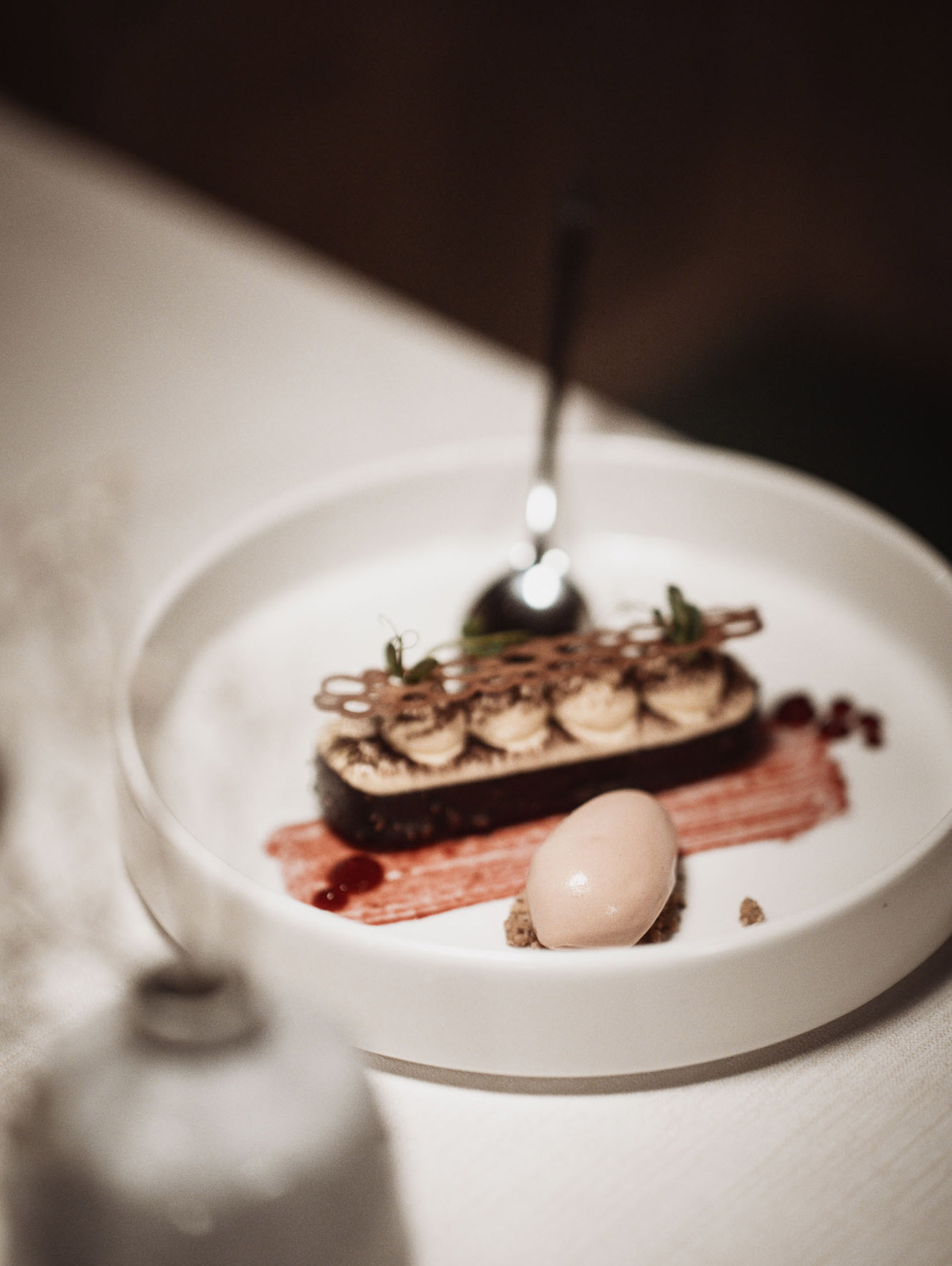 Beautifully presented dessert with cream, chocolate and fruit mirror - Hotel Montis